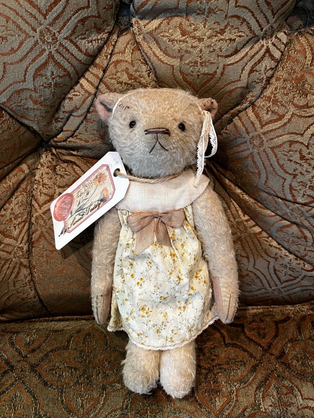 Adorable Ellison Handmade Vintage-Style Beige Bear with Floral Dress